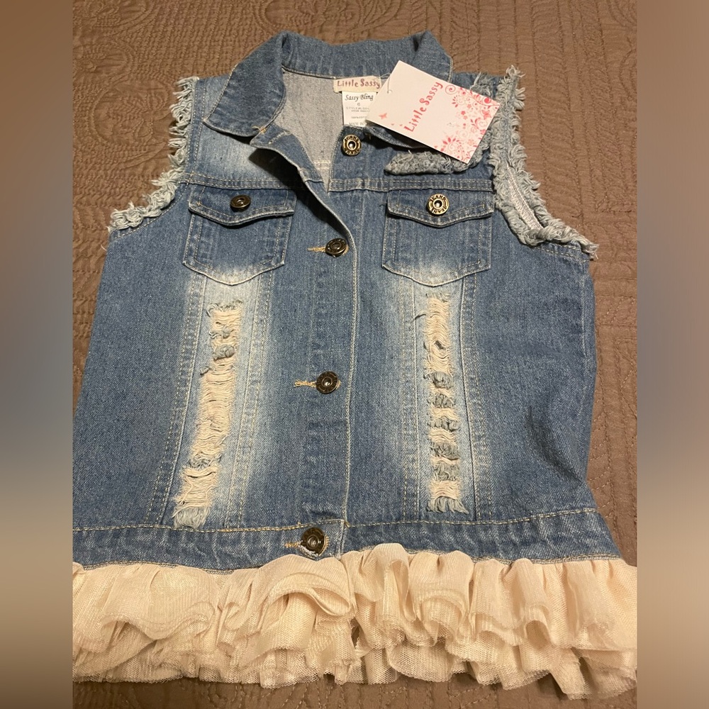 Little Sassy Distressed Denim Vest Ruffles at hem. Super cute! Girls size 6. NWT